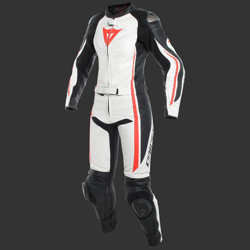 DAINESE Комбинезон кожаный ASSEN женский раздельный черно-бело-красный-флуоресцентный - DAINESE Комбинезоны - куртки - Мотоэкипировка - Интернет-магазин мотоэкипировки и мотозапчастей MотоГанза